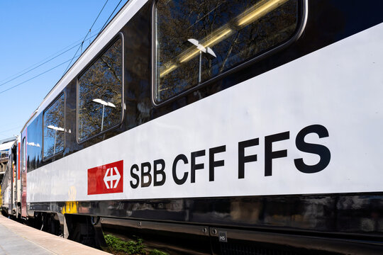 Cologne, Germany - April 5, 2025: SBB Swiss Federal Railways logo at EuroCity train