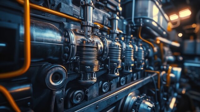 A locomotive diesel-electric engine, detailed view of pistons and generators --ar 16:9 --v 6.1 Job ID: 278aedbf-1a7b-470b-8b31-c82103503665