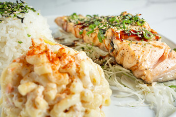 A view of a grilled salmon entree.