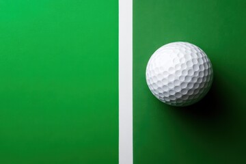 Golf ball at the edge of green and dividing stripe, showcasing precision and the fine lines between the field of play and out of bounds.