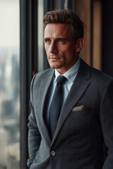 Fototapeta premium Portrait of a Confident Businessman in a Glass Office with City Skyline and Elegant Business Attire 