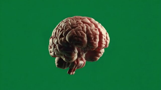 a spinning human brain on a green screen background.