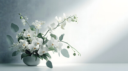 A sleek, modern floral arrangement of orchids and eucalyptus, designed with minimalist principles to create a stylish and contemporary bouquet.