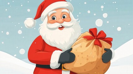 Cheerful Santa Claus holding a gift sack in a snowy landscape with falling snowflakes