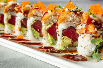 A view of a tuna avocado roll.