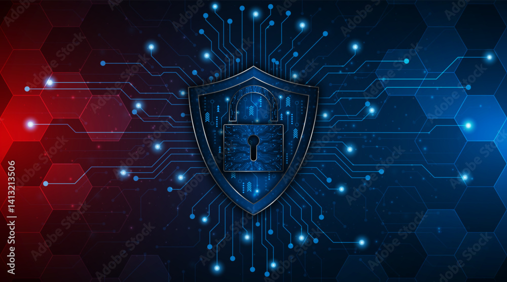 Poster Cyber ​​security concept with shield symbol and lock. Data protection and cyber privacy. Innovative concept of advanced safety technology	