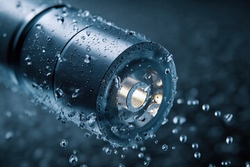 Sleek cylindrical flashlight with water droplets and splashes highlights waterproof design. Close-up view emphasizes lens and light source amidst dynamic scattering droplets