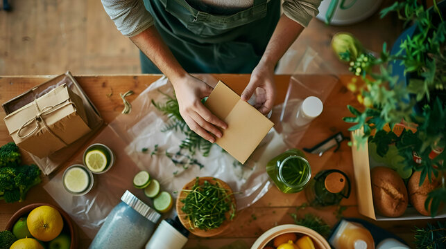 Overhead view of a person holding a card surrounded by plants fruits and packaging materials on a table