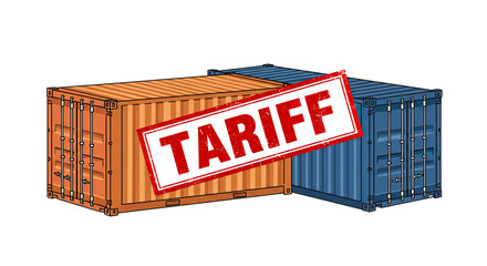Two cargo containers, one blue and one orange, with a red tariff label representing global trade logistics and import-export taxation