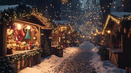 Magical Christmas market night wooden stall decorated twinkling fairy light festive ornament garland snow covered cobblestone path glowing lantern cinematic holiday warmth ultra detailed texture