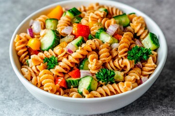 A vibrant bowl of garden pasta salad featuring spiral pasta mixed with cucumbers, bell peppers, and red onions. Perfect for a summer meal or picnic occasion