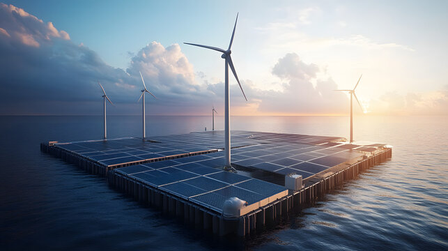 A smart hybrid energy grid combining solar panels and wind turbines on a floating platform, generating clean energy for offshore use.