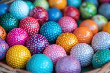 Obraz premium A vibrant collection of multicolored golf balls with dimpled textures, arranged closely together to display their variety of shades.