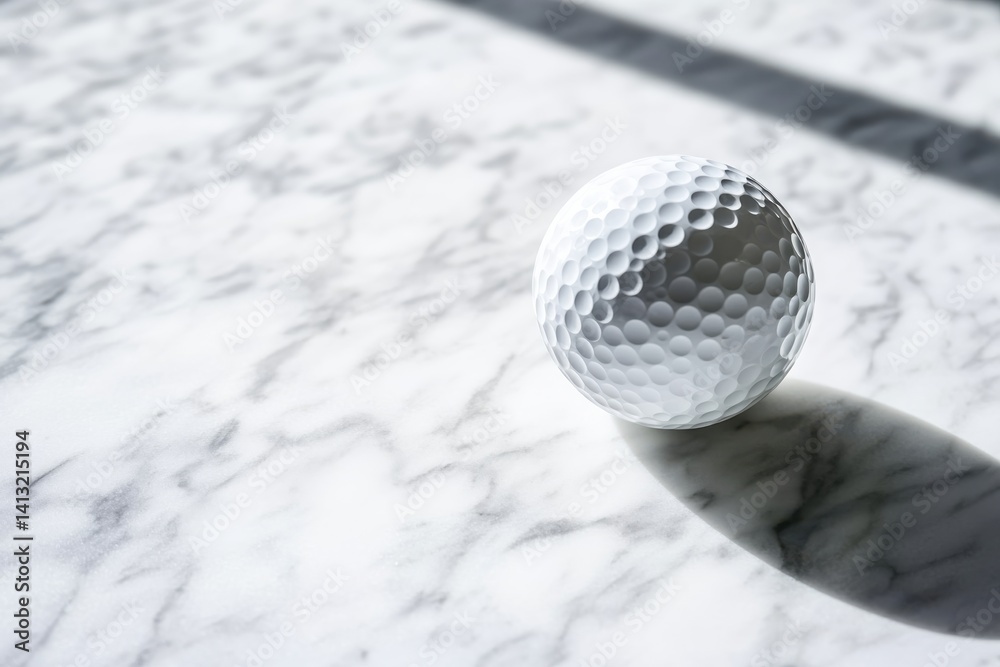 Poster a white dimpled sphere rests on a mottled surface. sunlight casts a gentle shadow, highlighting the 