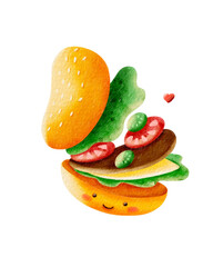 Cute Watercolor Burger Character