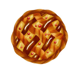 Watercolor Pie Clipart, Hand-Painted Dessert Illustration, Delicious Baked Pie with Crust, Isolated on White Background, Ideal for Recipe Cards, Kitchen Decor, or Baking-Themed Designs