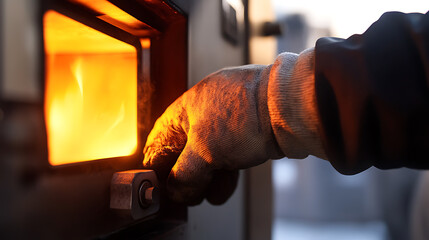 Smelting technician adjusting furnace temperature for metal casting. Featuring expertise and heat control