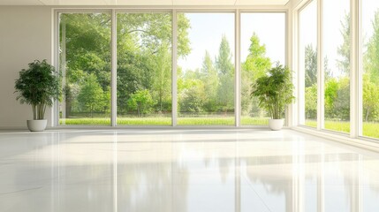 Bright and Spacious Modern Interior with Large Windows and Greenery