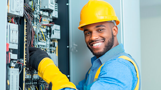A smiling black male electrician in safety gear works on an industrial electrical panel. Concept of technical skill, job satisfaction, and professional energy work.