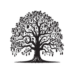 Pecan Tree Vector - Pecan tree minimalist Design - Pecan tree Illustration - black and white pecan tree art.
