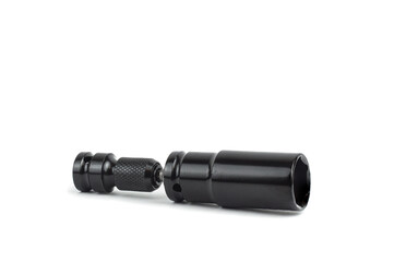 A ratchet and a set of interchangeable heads for a chrome-plated socket wrench. Isolated on a white background