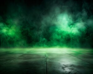 Abstract image of dark room concrete floor. Black room or stage background for product placement.Panoramic view of the abstract green fog. Green cloudiness, mist or smog moves on black background.