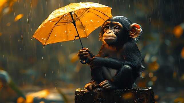 Chimpanzee rain forest umbrella shelter sad