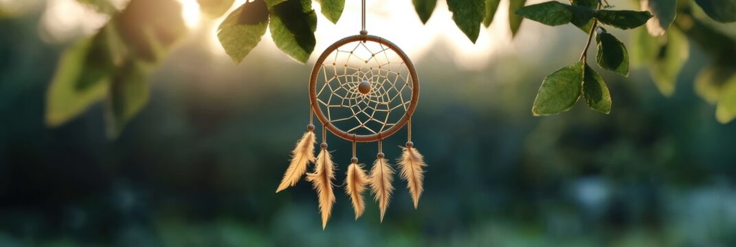 bohemian summer banner, a summer equinox web banner with d dreamcatchers, feathers, and floral elements gently swaying in the soft evening glow - Powered by Adobe