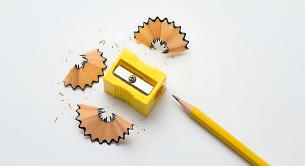 Pencil Sharpener with Wood Shavings Isolated on White