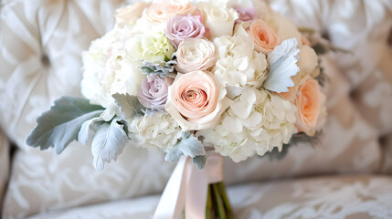 A soft bridal bouquet featuring a mix of pastel-colored roses, white peonies, and pale hydrangeas, tied together with a satin ribbon, creating an elegant and romantic look.