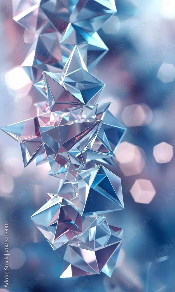 Poster exploring vibrant geometric shapes with light reflections and colors in a mesmerizing setting