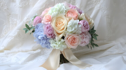 A soft wedding bouquet with pastel-colored roses, peonies, and hydrangeas, tied with a satin ribbon, perfect for a classic and romantic bridal look.