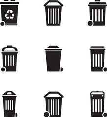 Minimalist Trash Can Icons – Black and White Vector Waste Bin Symbols for Recycling and Disposal