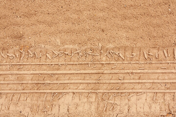 Tire track imprint on sandy ground texture
