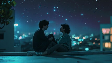 Obraz premium Romantic Couple Silhouetted Against a Night Cityscape Under a Starry Sky