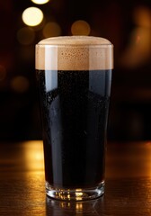 A close-up of a stout beer in a pint glass with creamy tan head and chocolate notes.