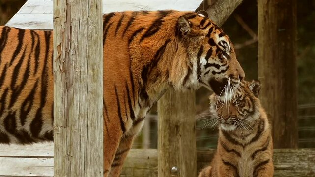 A happy family of Sumatran tigers in a Welsh wildlife park. A cute little tiger cub plays with his father, tapping him on his face. The male tiger walks away to have some time out and sit on his own