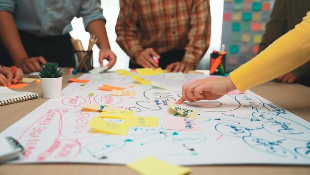 A diverse team gathers around a large paper, engaging in a vibrant brainstorming session using sticky notes and markers, promoting creativity and collaboration in a modern workspace. SACTR