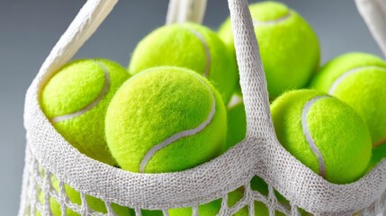 White bag with tennis balls in it. The bag is hanging from a handle