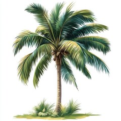 Obraz premium Lush Tropical Coconut Palm Tree Isolated on White Background Summer Vacation Paradise Illustration