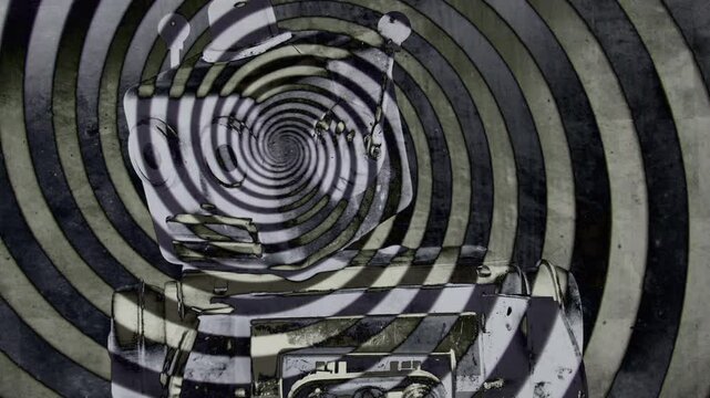 robot toy looking around with spiral hypnotized TV concept 