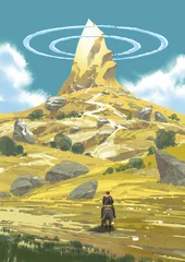 A solitary rider on horseback crosses a dry yellow landscape toward a dramatic mountain under clear blue skies in a scenic fantasy setting, digital art style, illustration painting