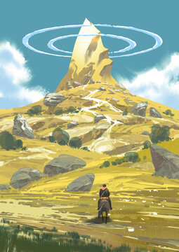 Fototapeta A solitary rider on horseback crosses a dry yellow landscape toward a dramatic mountain under clear blue skies in a scenic fantasy setting, digital art style, illustration painting