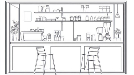 Interior coffee bar design sketch, shelves, equipment