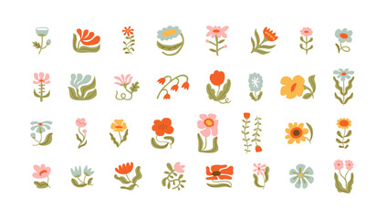 Trendy floral icon illustration set. Vintage style flowers on isolated background. Colorful pastel color spring doodle collection. Wedding nature symbol, romantic graphic bundle.