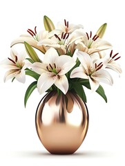 Elegant White Lilies in a Copper Vase: Capture the beauty and grace of a bouquet of pristine white lilies, arranged with meticulous care in a gleaming copper vase.