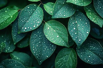 Fototapeta premium Close-up of fresh green leaves with dewdrops captured during early morning