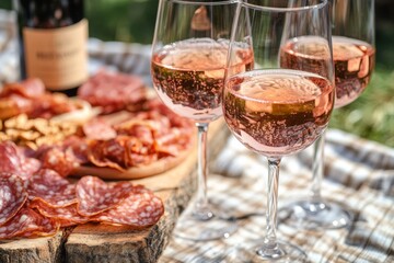 Gathered around a charming picnic setup, friends delight in chilled rosé wine served in elegant glasses alongside a colorful charcuterie board filled with savory treats and fresh fruits