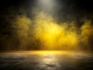 Abstract image of dark room concrete floor. Black room or stage background for product placement.Panoramic view of the abstract yellow fog. Yellow cloudiness, mist or smog moves on black background. © Alisa