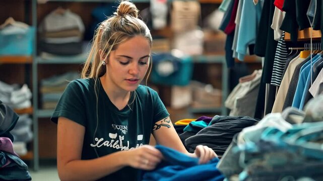 Young volunteer woman sorting second-hand clothes in thrift store surrounded by folded garments. Concept of sustainable fashion, clothes donation, humanitarian aid and conscious shopping